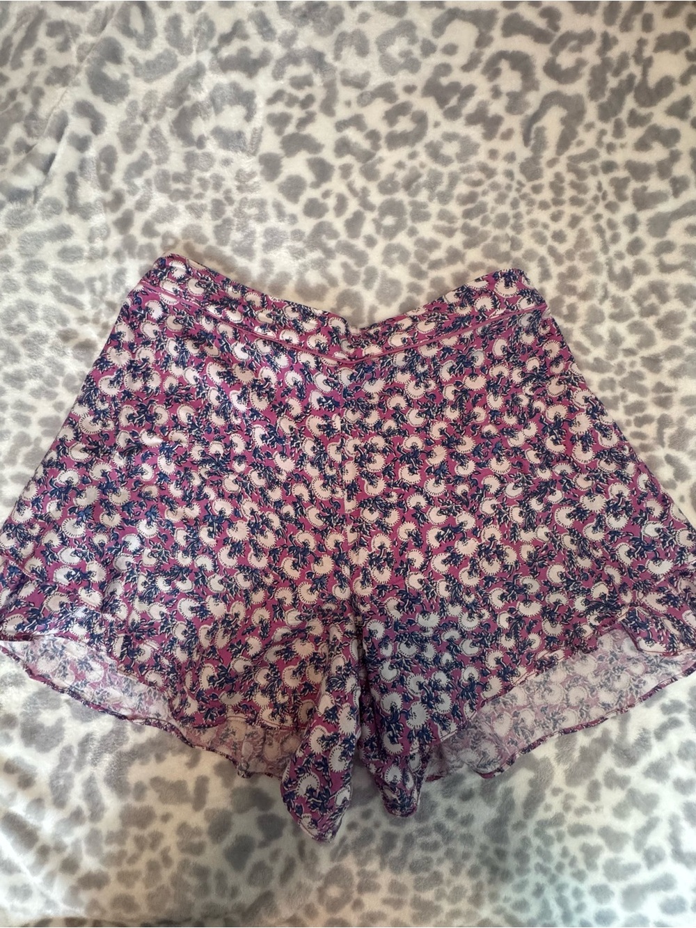 Anthropologie Floral Print High-Waist Flowy Shorts in Pink and Navy.